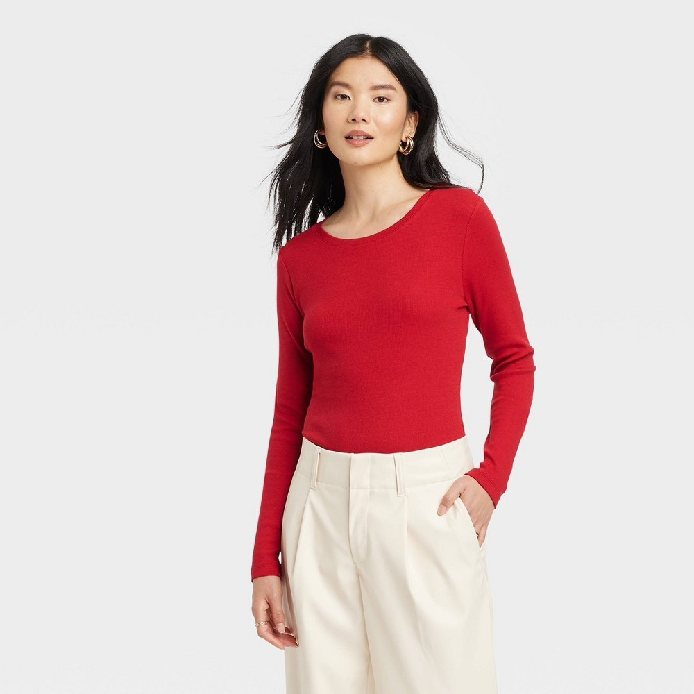Women's Long Sleeve Ribbed T-Shirt - a New Day™ Red L